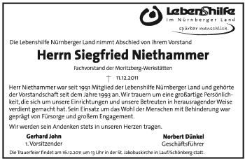 Traueranzeige von Siegfried Niethammer von Pegnitz-Zeitung